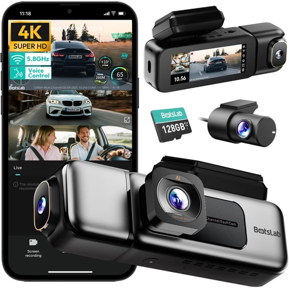 BOTSLAB 3 Channel Dash Cam, 128GB Card, Voice Control, App Control, 24/7 Parking Mode, Built-in GPS, 5.8GHz WiFi, Supercapacitor, 3.18" Touch Screen Dash Camera