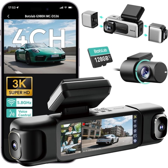 BOTSLAB 4 Channel 360° Dash Cam, 128GB Card, Voice Control, App Control, 24/7 Parking Mode, Built-in GPS, 5.8GHz WiFi, Supercapacitor, 3.18" Touch Screen Dash Camera