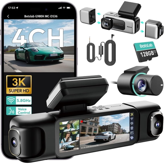 BOTSLAB 4 Channel 360 Dash Cam with Hardwire Kit, 128GB Card, Voice Control, 24/7 Parking Mode, 3.18" Touch Screen, App Control, Built-in GPS, 5.8GHz WiFi
