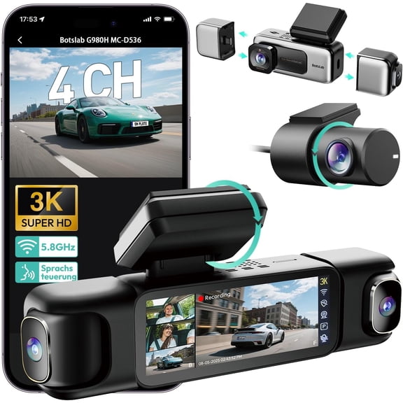 BOTSLAB 4 Channel 360 Dash Cam, Voice Control, App Control, 24/7 Parking Mode, 3.18" Touch Screen, Built-in GPS, 5.8GHz WiFi, Supercapacitor, No SD Card