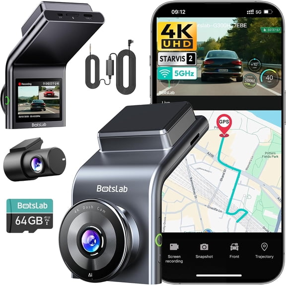 BOTSLAB G300H Plus 4K Dash Cam Front and Rear with Hardwire Kit, STARVIS 2, App Control, 24H Parking Mode, Loop Recording, WDR Night Vision, 5.8GHz WiFi