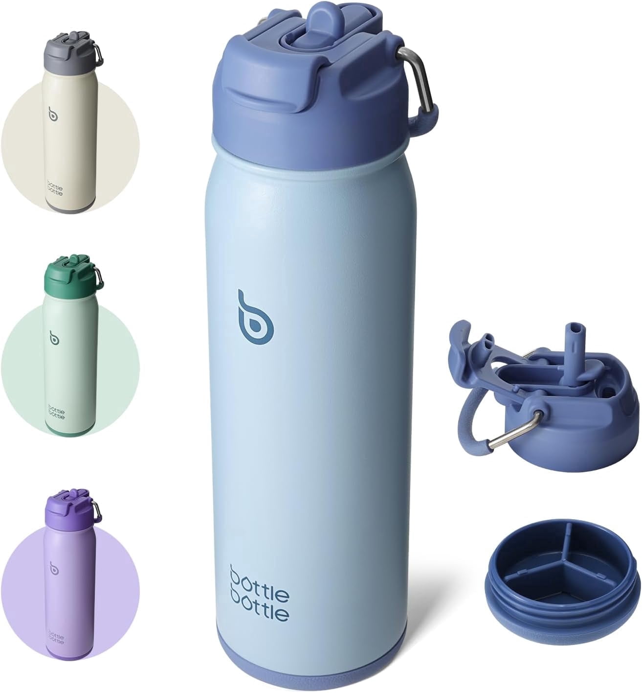 BOTTLE BOTTLE 24 oz sports water bottle stainless steel insulated water bottle with straw and pills holder (Blue)