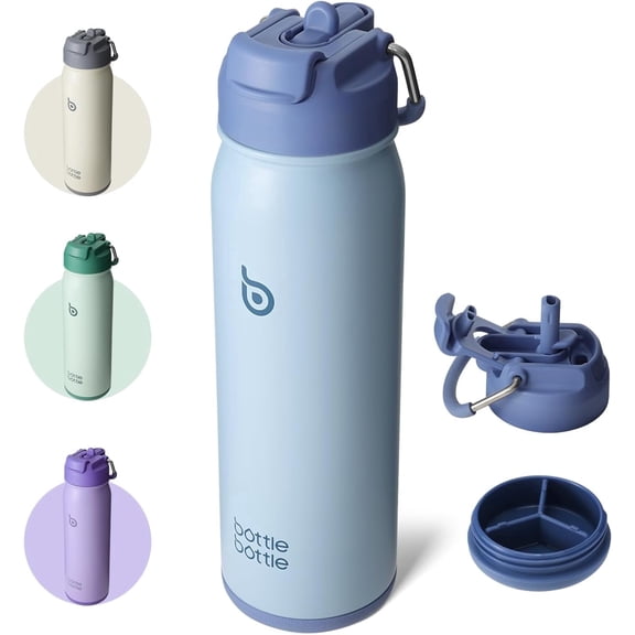 BOTTLE BOTTLE 24 oz sports water bottle stainless steel insulated water bottle with straw and pills holder (Blue)