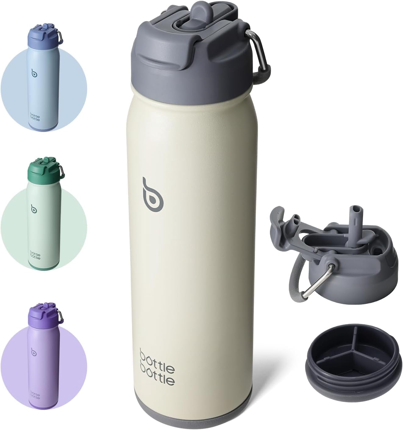 BOTTLE BOTTLE 24 oz sports water bottle stainless steel insulated water bottle with straw and pills holder (gray)