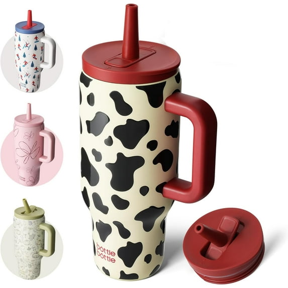 BOTTLE BOTTLE 30 oz Tumbler with Lid and Straw, Stainless Steel Travel Mug, Tumbler with handle, Water Bottle with straw for College Office, Gifts for Women Him Her (Cow)