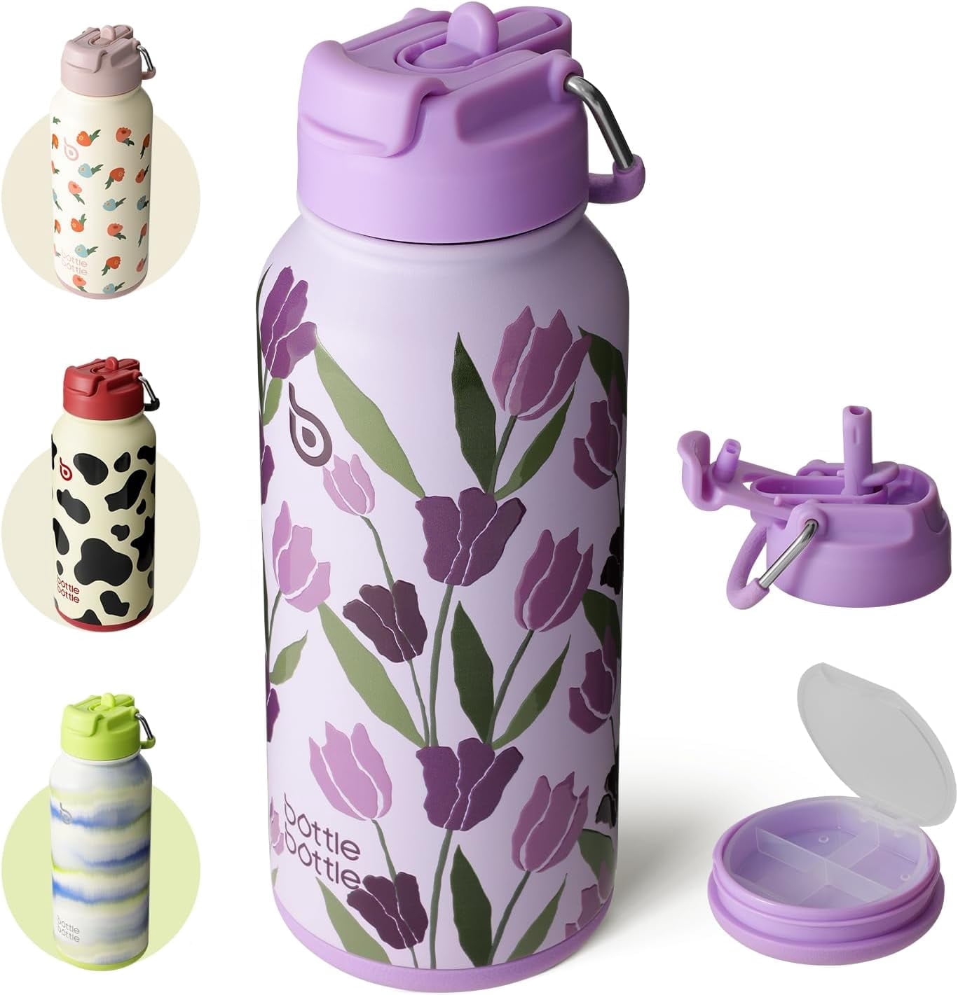 BOTTLE BOTTLE 32 oz Insulated Water Bottle Stainless Steel Sport Water Bottle with Straw Dual-use Lid Design for Gym with Pill Box (Purple Tulips)
