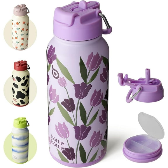 BOTTLE BOTTLE 32 oz Insulated Water Bottle Stainless Steel Sport Water Bottle with Straw Dual-use Lid Design for Gym with Pill Box (Purple Tulips)