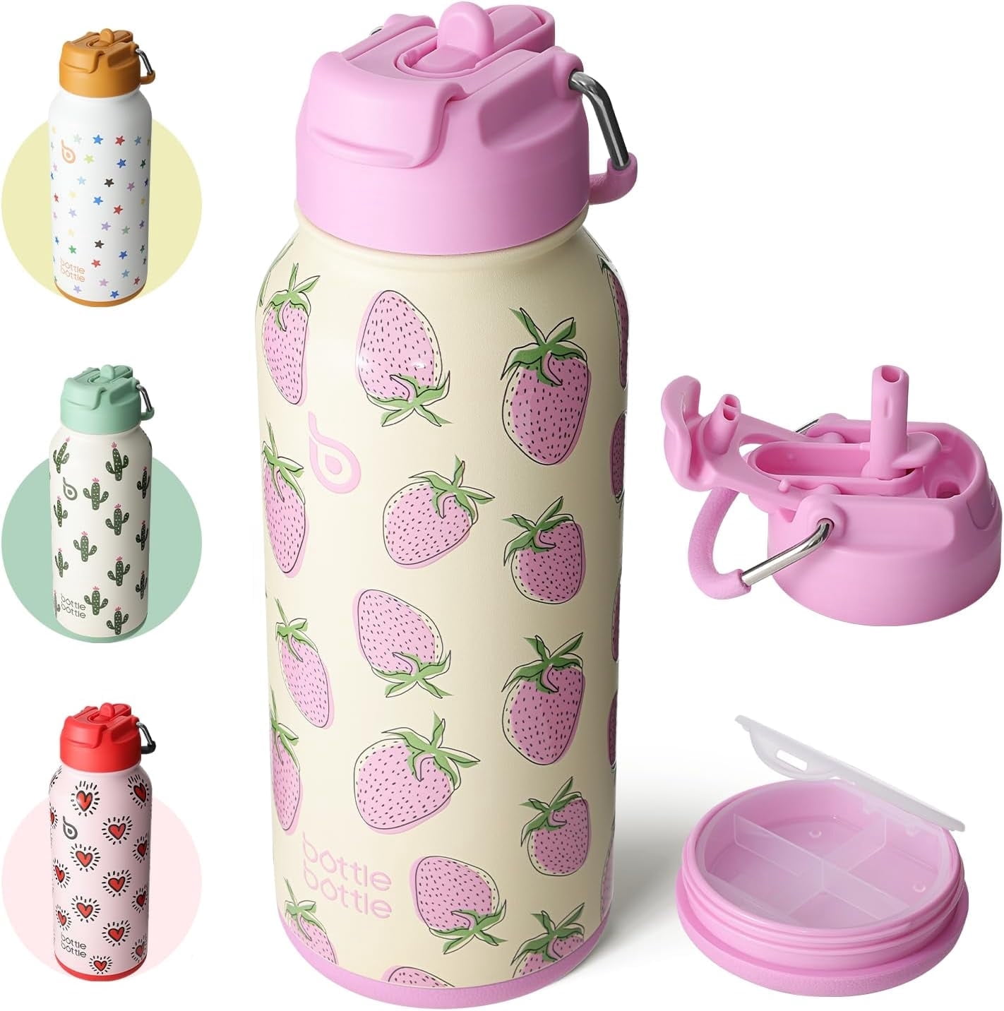 BOTTLE BOTTLE 32 oz Insulated Water Bottle Stainless Steel Sport Water Bottle with Straw Dual-use Lid Design for Gym with Pill Box(Sweet Berry)