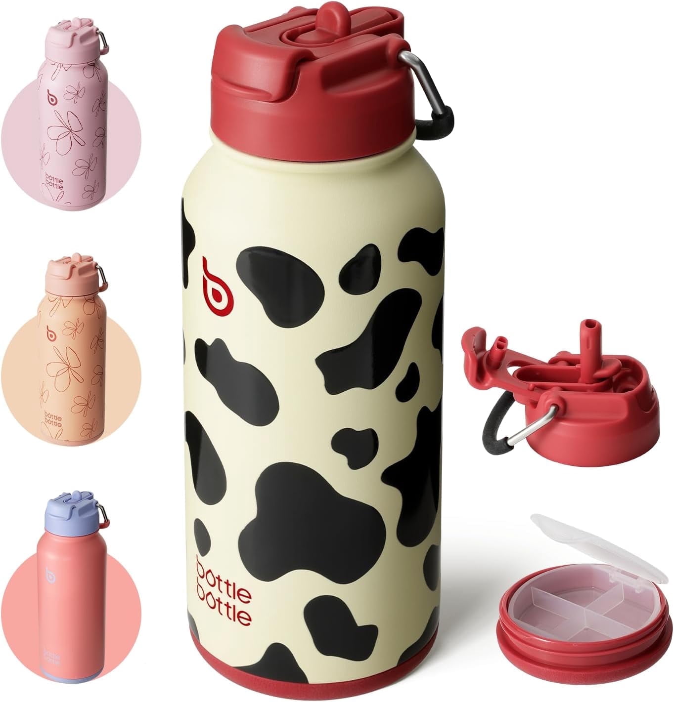 BOTTLE BOTTLE 32 oz Insulated Water Bottle Stainless Steel Sport Water Bottle with Straw Dual-use Lid Design for Gym with Pill Box (cow)