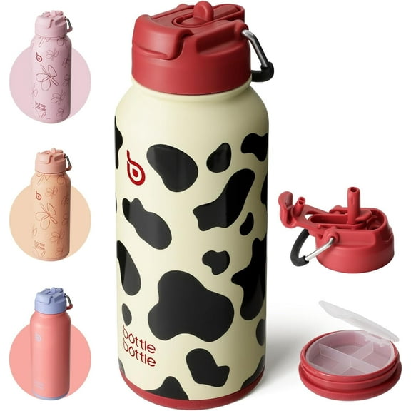 BOTTLE BOTTLE 32 oz Insulated Water Bottle Stainless Steel Sport Water Bottle with Straw Dual-use Lid Design for Gym with Pill Box (cow)