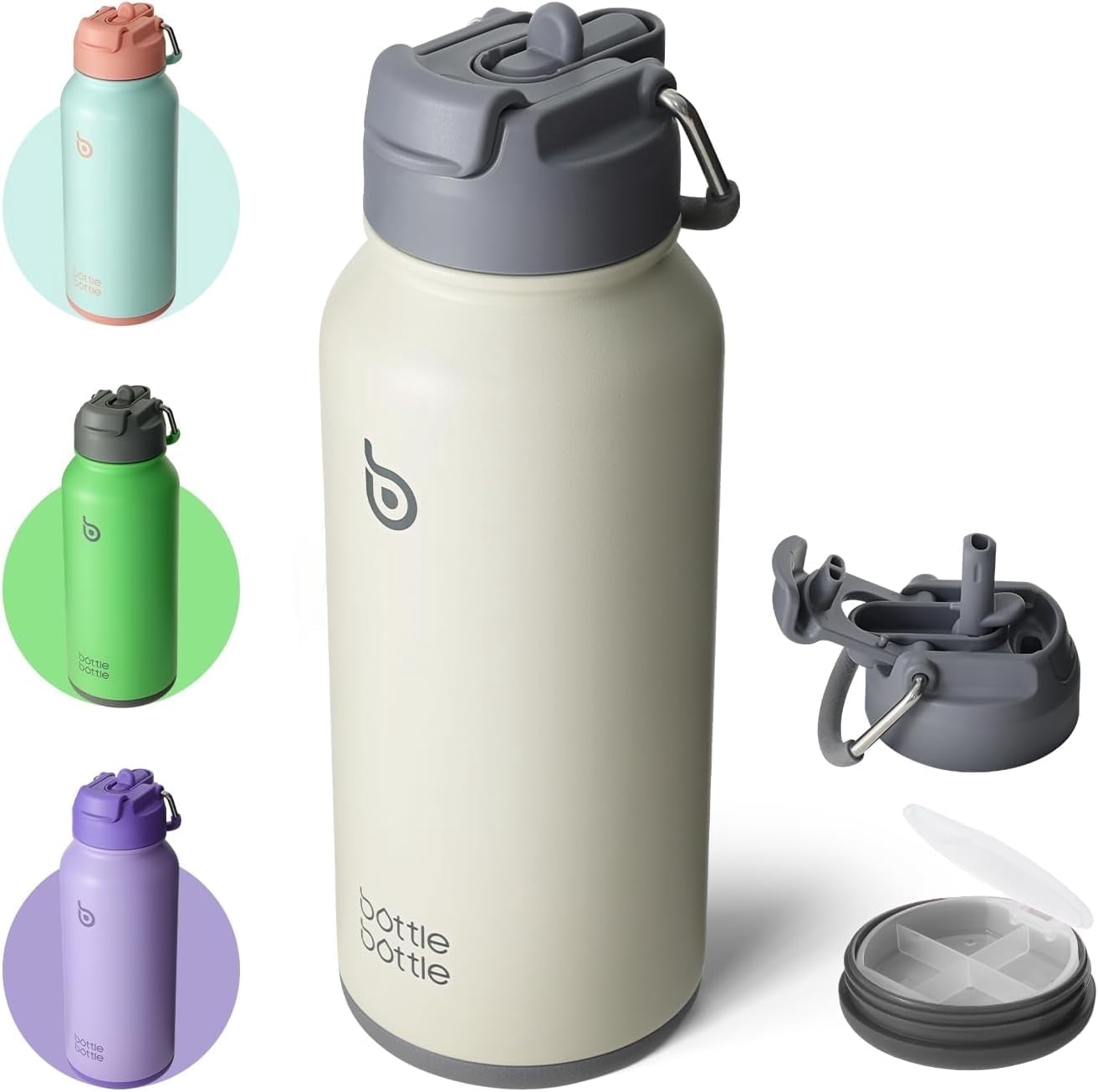 BOTTLE BOTTLE 32 oz Insulated Water Bottle Stainless Steel Sport Water Bottle with Straw Dual-use Lid Design for Gym with Pill Box (gray)