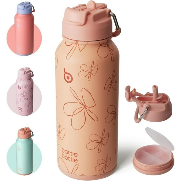 BOTTLE BOTTLE 32 oz Insulated Water Bottle Stainless Steel Sport Water Bottle with Straw Dual-use Lid Design for Gym with Pill Box (yellow flower)