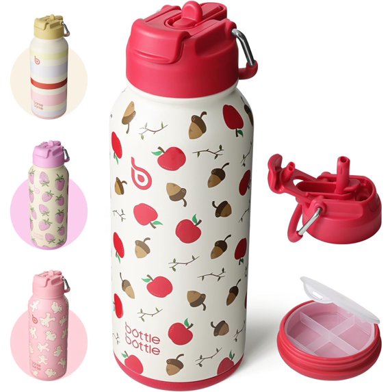 BOTTLE BOTTLE 32oz Insulated Water Bottle Stainless Steel Sport Water Bottle with Straw Dual-use Lid Design for Gym with Pill Box (Berry)