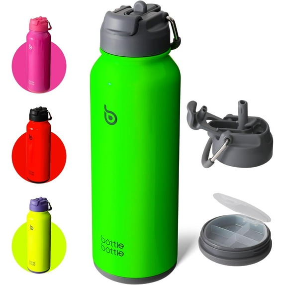 BOTTLE BOTTLE 40 oz sports water bottle stainless steel insulated water bottle with straw and pills holder lime green