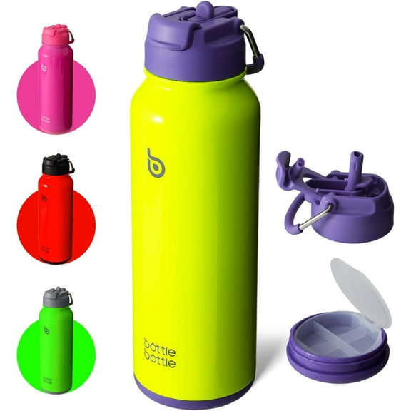 BOTTLE BOTTLE 40 oz sports water bottle stainless steel insulated water bottle with straw and pills holder neon yellow