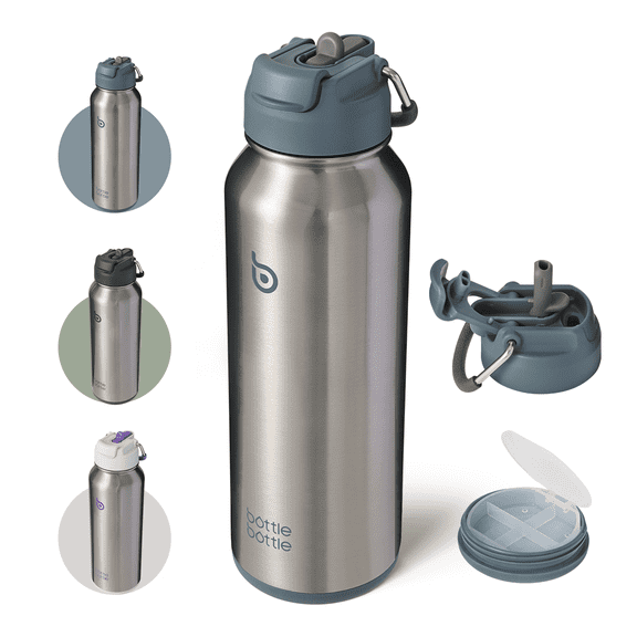 BOTTLE BOTTLE 40 oz sports water bottle stainless steel insulated water bottle with straw and pills holder(terra blue)
