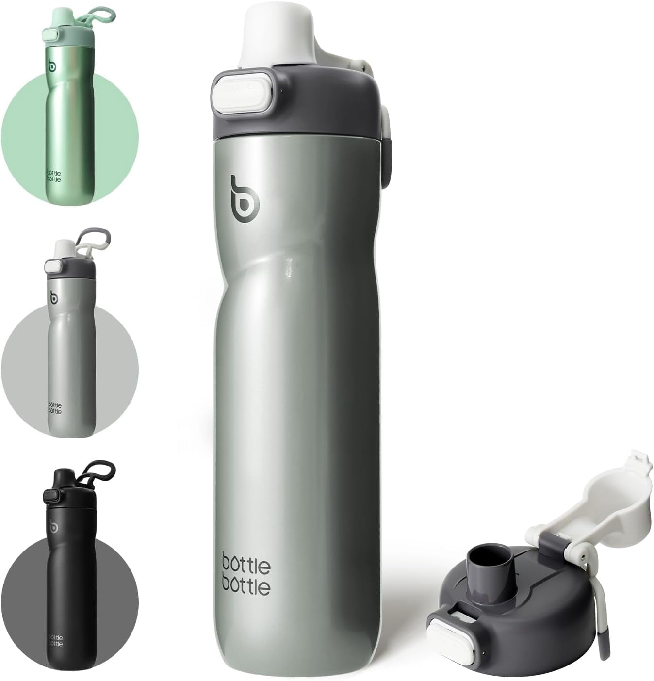 BOTTLE BOTTLE Insulated Water Bottle 24 oz with Handle and Flip Tops Lids Stainless Steel Water Bottle Push Button Lid Leak proof Portable for Running Travel Sports Hiking gray