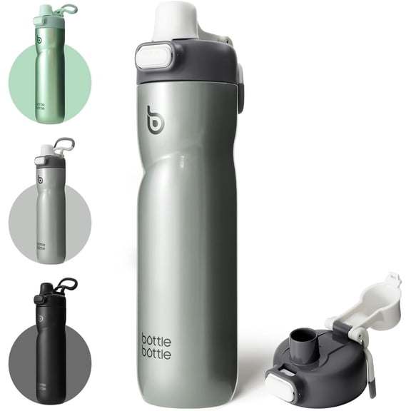 BOTTLE BOTTLE Insulated Water Bottle 24 oz with Handle and Flip Tops Lids Stainless Steel Water Bottle Push Button Lid Leak proof Portable for Running Travel Sports Hiking gray