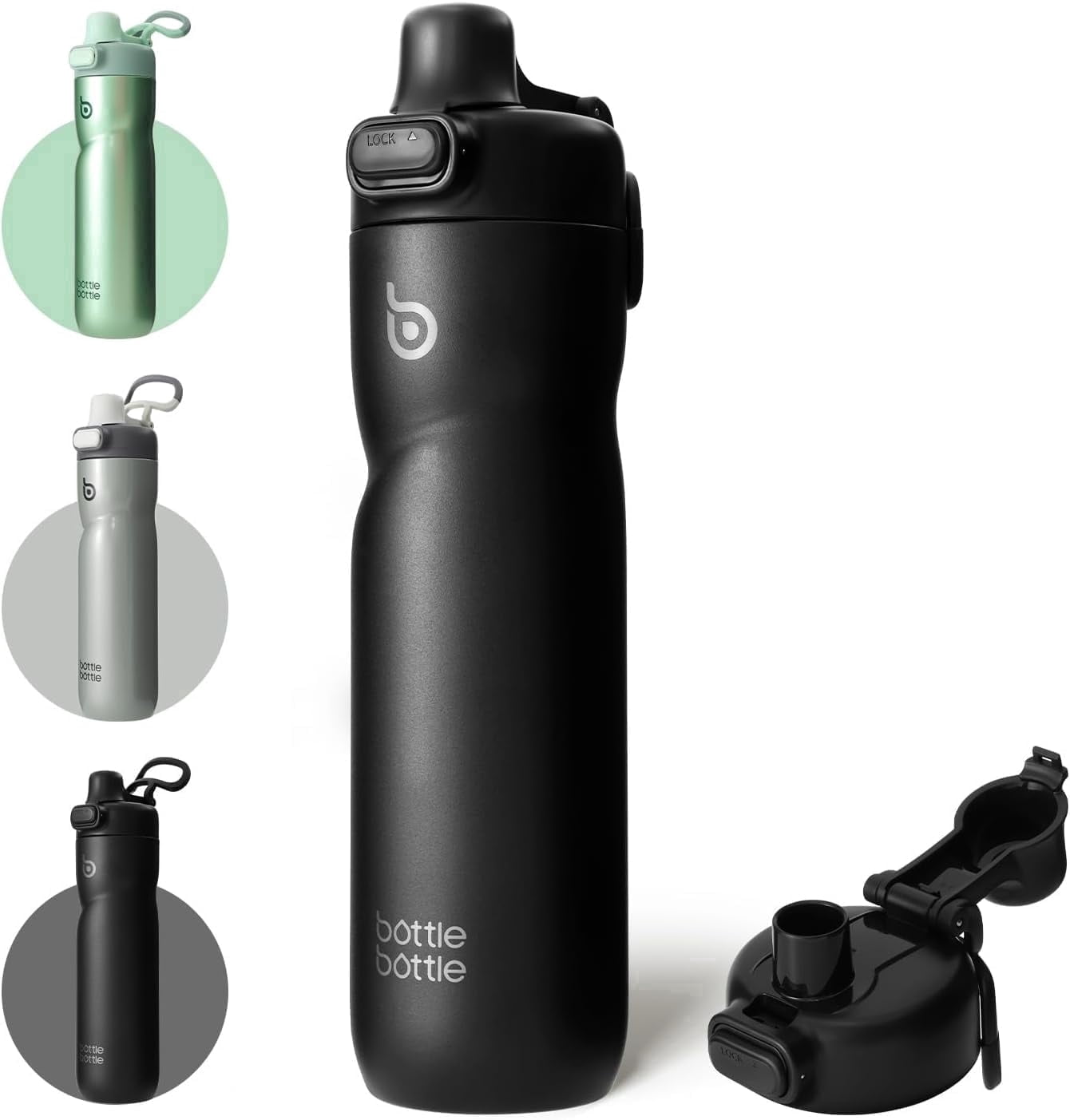 BOTTLE BOTTLE Insulated Water Bottle 24 oz with Handle and Flip Tops Lids Stainless Steel Water Bottle Push Button Leak Proof Portable for Running Travel  Hiking Black