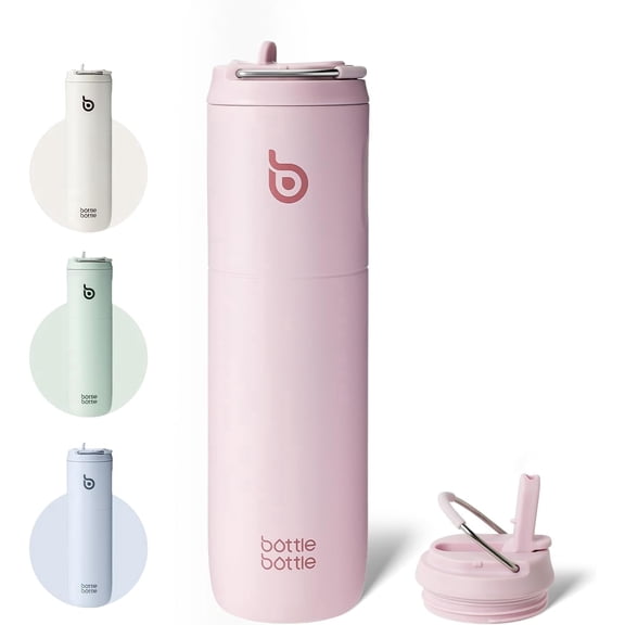BOTTLE BOTTLE Insulated Water Bottle 24oz with Straw Lid and Handle for Sports Travel Gym Stainless Steel Water Bottles Metal Leak Proof Light Pink