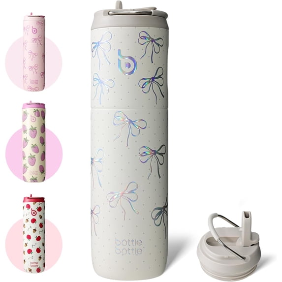 BOTTLE BOTTLE Insulated Water Bottle 24oz with Straw Lid and Handle for Sports Travel Gym Stainless Steel Water Bottles Double-Wall Vacuum Metal Leak Proof BPA-Free (Bling Bow)