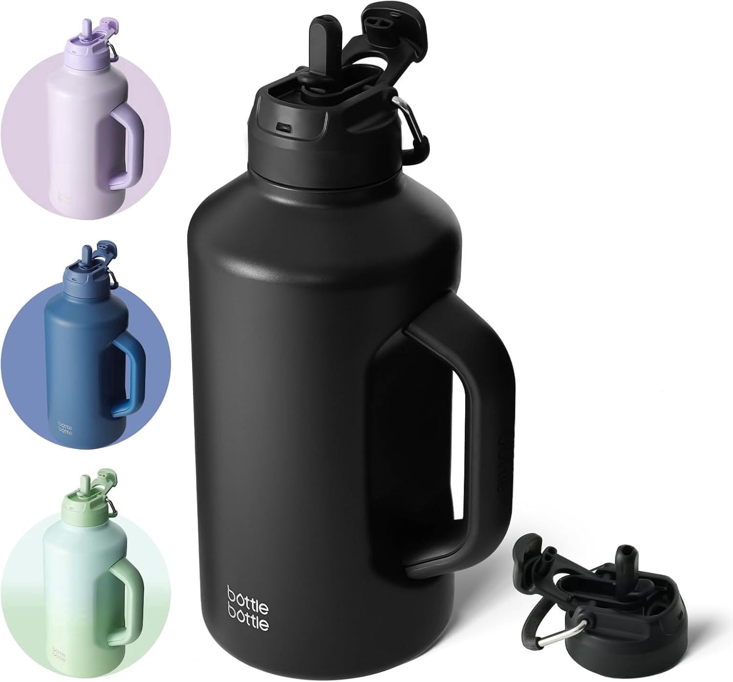 BOTTLE BOTTLE Insulated Water Bottle 64 oz with Straw handle and Dual-use Lid Half Gallon Jug Stainless Steel Water Bottle for Sports Black