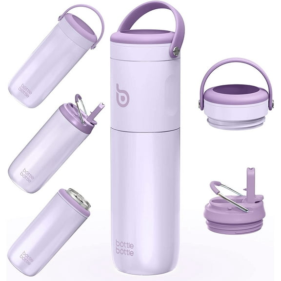 BOTTLE BOTTLE Insulated Water Bottle for Sports with Straw,2 lids,18 oz 3IN1 Water Bottles for Slim Can Coolers and Kids Tumbler, Stainless Steel Metal Bottles for Outdoor Activities Purple