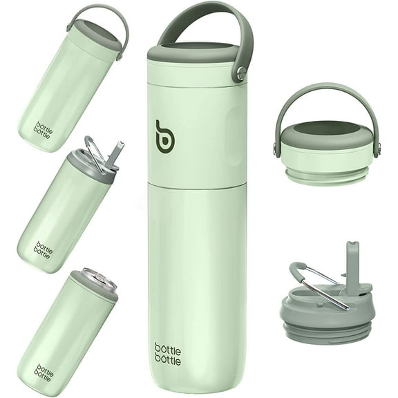 BOTTLE BOTTLE Insulated Water Bottle for Sports with Straw,2 lids,18 oz 3IN1 Water Bottles for Slim Can Coolers and Kids Tumbler, Stainless Steel Metal Bottles for Outdoor Activities Green