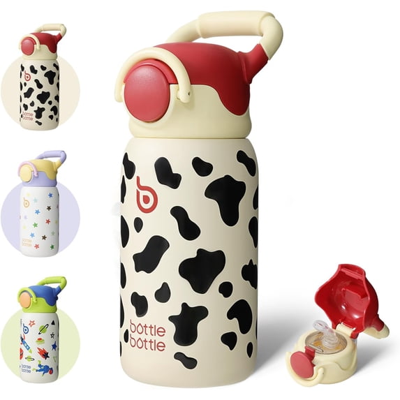 BOTTLE BOTTLE Insulated Water Bottle with Straw Lid and Handle 16 oz Stainless Steel Vacuum Tumbler Water Bottles for School Outdoor Travel Gifts for Boys and Girls Cow