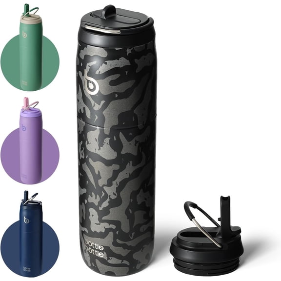 BOTTLE BOTTLE Stainless Steel Water Bottle with Straw and Lid 32 oz Vacuum Insulated Cup Stay Cold and Hot, Leak-Proof Wide Mouth Water Bottles for Men,Black Camouflage