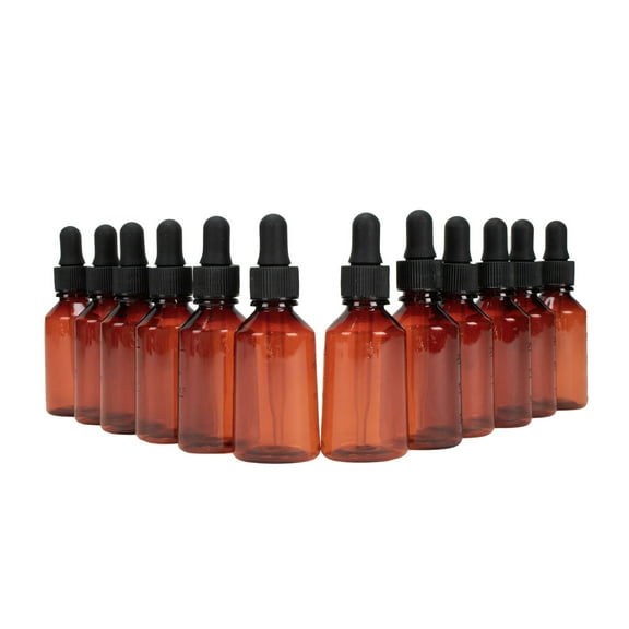 1oz Empty Plastic Dropper Bottle, 12 Pack, Amber Bottle, Black Dropper, 30mL