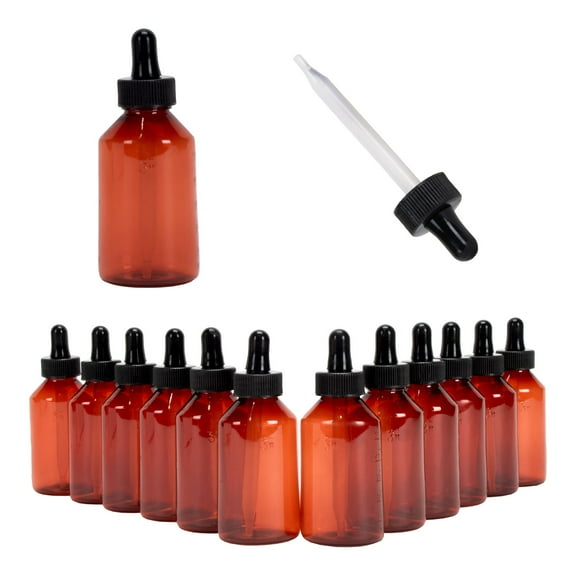 2oz Empty Plastic Dropper Bottle, 12 Pack, Amber Bottle, Black Dropper, 60mL, for Medication, Essential Oils, Chemicals, Perfumes & Colognes
