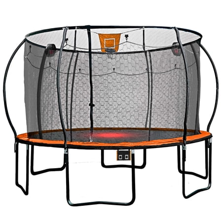 BOUNCE PRO 12FT TRAMPOLINE AND STEELFLEX ENCLOSURE COMBO SET WITH FABRIC BASKETBALL, PHONE POUCH, FLASH LIGHT ZONE, ELECTRON SHOOTER, 4 SOCKS AND DOUBLE NET