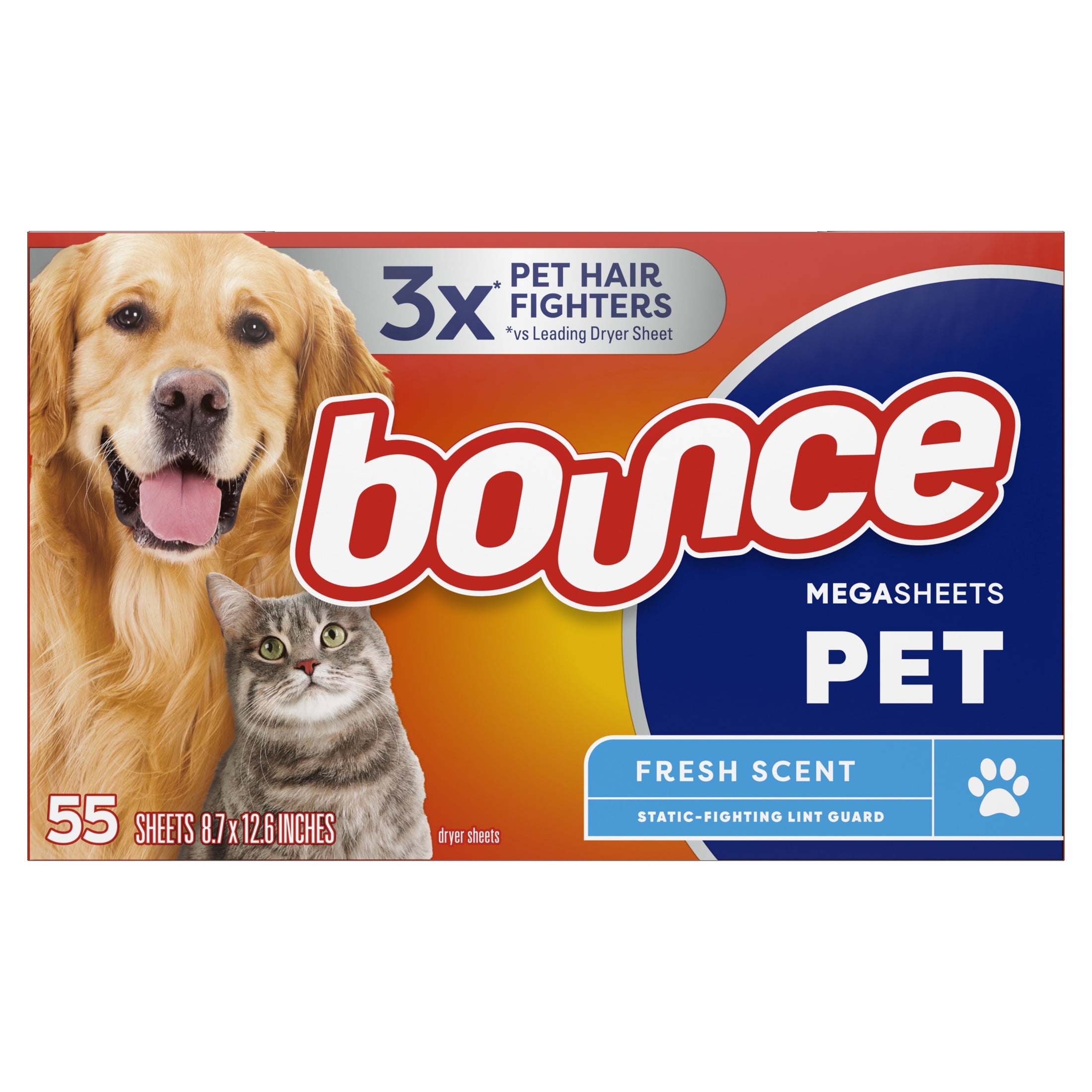 Bounce Mega Dryer Sheets, Pet Hair and Lint Guard, Fresh Scent, 55 Count