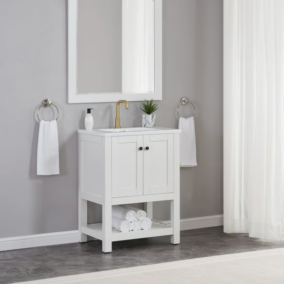 BOUQUETYZ 25 inch Modern Bathroom Vanity with White Sink - 2 Door Cabinet with Slat Shelf, Light Oak Finish Storage for Small Bathroom (White)
