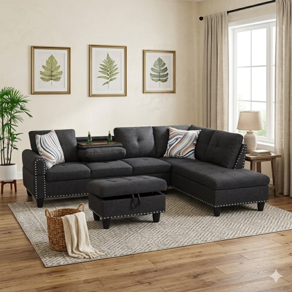 BOUQUETYZ L-Shaped Sectional Sofa Set with Storage Ottoman and Cup Holders, 3-Piece Fabric Living Room Furniture Set, Reversible Chaise and Nailhead Trim, Black F09911B