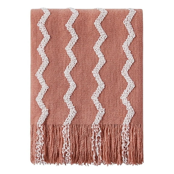 Bourina Fluffy Chenille Knitted Fringe Throw Blanket, Lightweight Soft Cozy Bed Sofa Chair Blanket, Coral Pink, 50" x 60"