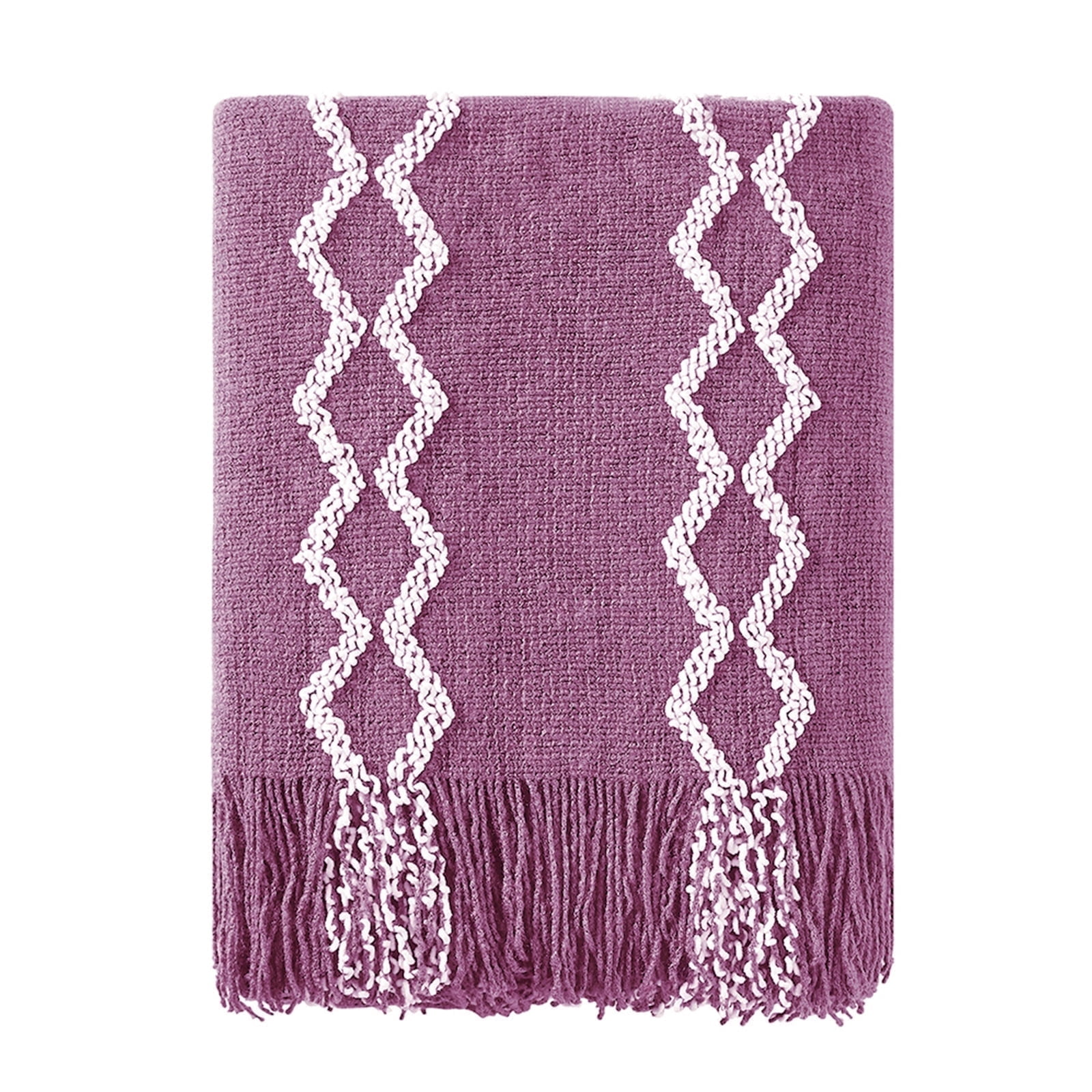 Bourina Fluffy Chenille Knitted Fringe Throw Blanket, Lightweight Soft Cozy Bed Sofa Chair Blanket, Deep Purple, 50" x 60"For Adults