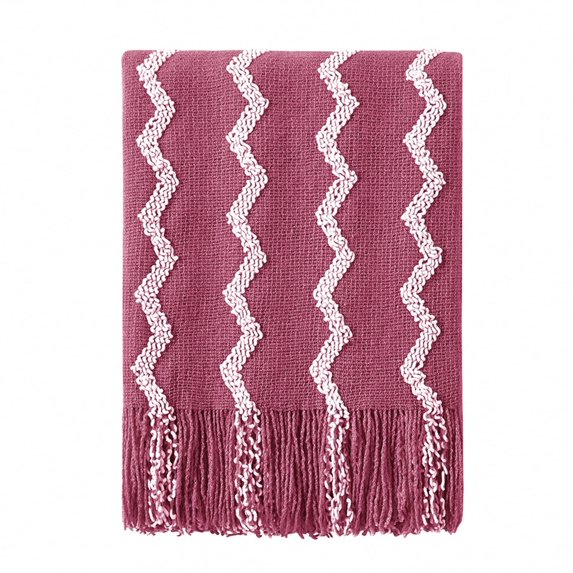Bourina Fluffy Chenille Knitted Fringe Throw Blanket, Lightweight Soft Cozy Bed Sofa Chair Blanket, Rose Wine, 50" x 60"