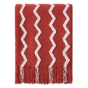 Bourina Fluffy Chenille Knitted Fringe Throw Blanket, Lightweight Soft Cozy Bed Sofa Chair Blanket, Rust, 50 x 60for Adults