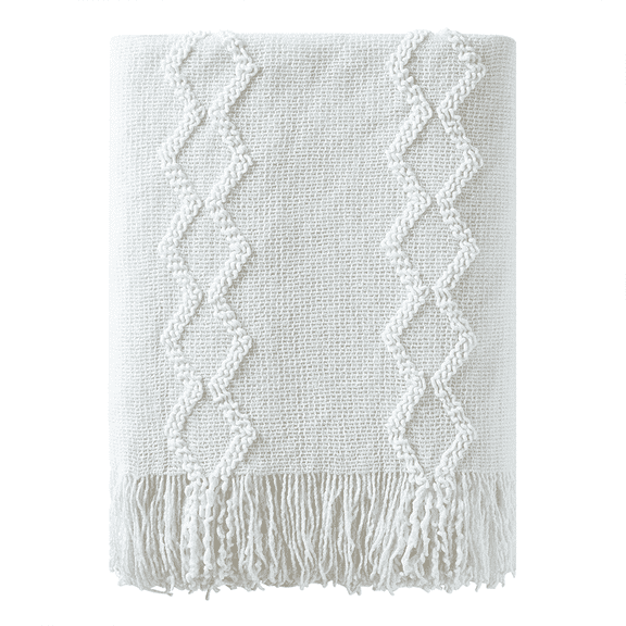 Bourina Fluffy Chenille Knitted Fringe Throw Blanket, Lightweight Soft Cozy Bed Sofa Chair Blanket, White, 50" x 60"