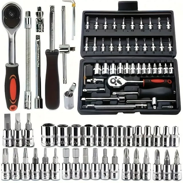 Bourvill 46-Piece 1/4 inch Drive Socket Wrench & Set, Black Finish, 46-Piece
