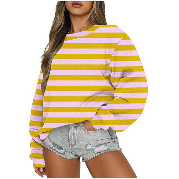 BOVXNPU Fall Oversized Women's Casual Sweatshirts,Long Sleeve Hoodies Sweatshirts for Women,Womens Stripe Casual Printed Round Neck Long Sleeved Top Loose Sweatshirts
