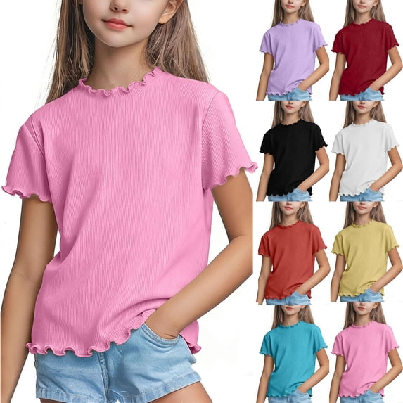 BOVXNPU Girls Short Sleeve T-Shirts Solid Ruffled Short Sleeve Round Neck Breathable Tee Girls Summer Tops