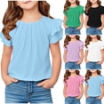 thumbnail image 1 of BOVXNPU Girls Short Sleeve T-Shirts Solid Sleeve Short Sleeve Round Neck Ruffled Hem Tee Summer Tops, 1 of 8