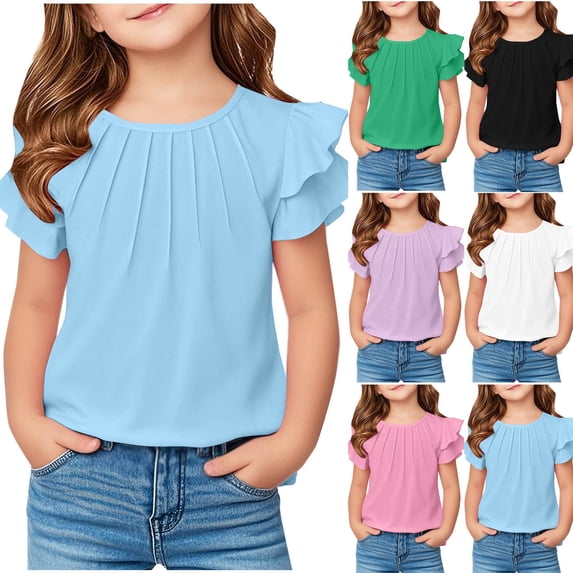BOVXNPU Girls Short Sleeve T-Shirts Solid Sleeve Short Sleeve Round Neck Ruffled Hem Tee Summer Tops