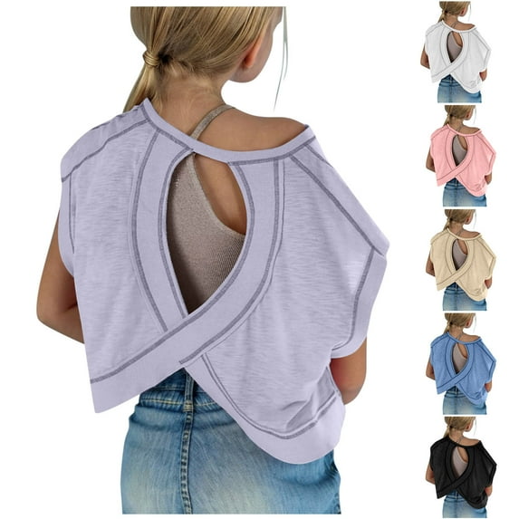 BOVXNPU Girls Tank Tops Sleeveless T-shirts Solid Short Sleeve Round Neck Back Cutout Sport Tee Summer Tops