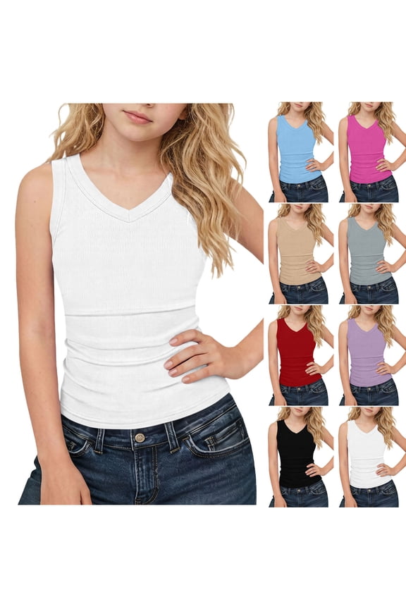 Girls Tank Tops Sleeveless T-shirts Solid Sleeveless V Neck Sports Tank Top Ribbed Knit Summer Tops