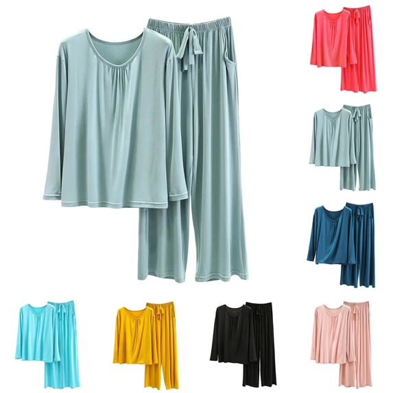 BOVXNPU Pajama Set For Women Women Solid Summer Lightweight Round-Neck Long-Sleeved Long Pants Home Attire Set Of 2 Pieces Women Sleepwear