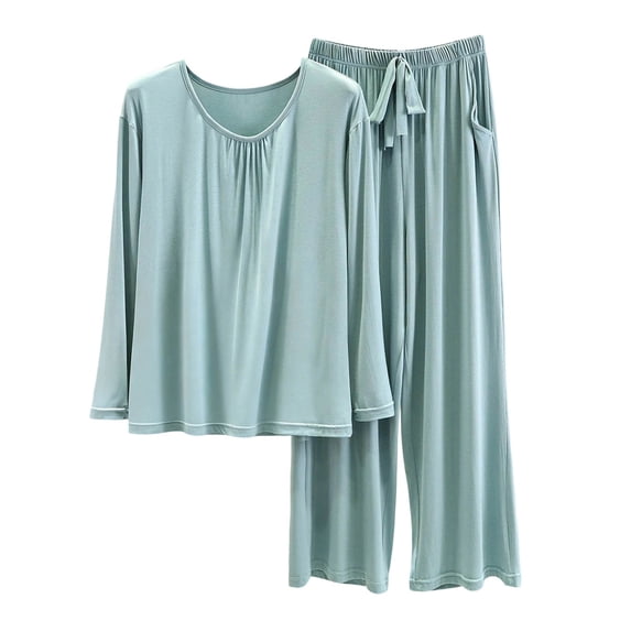 BOVXNPU Pajama Set For Women Women Solid Summer Lightweight Round-Neck Long-Sleeved Long Pants Home Attire Set Of 2 Pieces Women Sleepwear